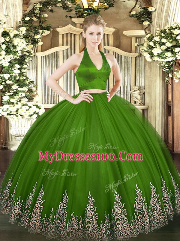 Most Popular Green Sleeveless Floor Length Appliques Zipper 15th Birthday Dress