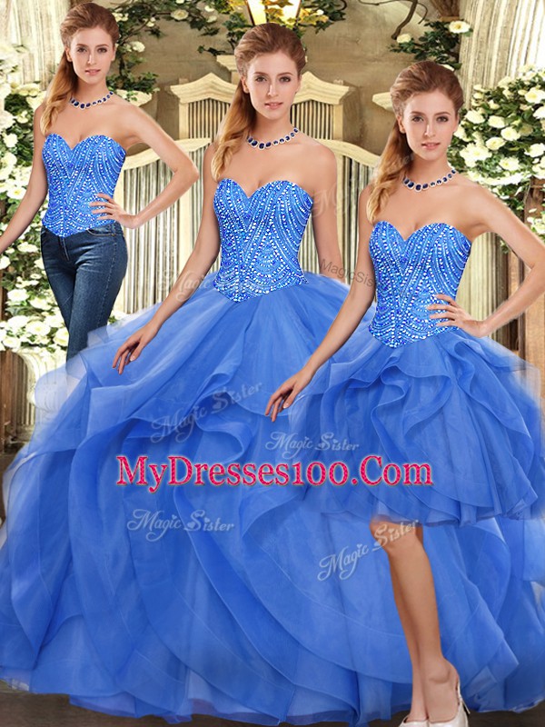Flare Sleeveless Floor Length Ruffles Lace Up 15 Quinceanera Dress with Blue