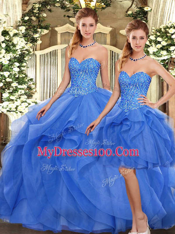 Flare Sleeveless Floor Length Ruffles Lace Up 15 Quinceanera Dress with Blue
