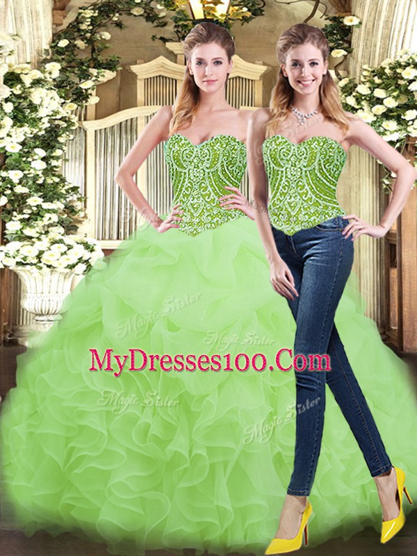 Beauteous Sleeveless Organza Floor Length Lace Up 15th Birthday Dress in Yellow Green with Beading and Ruffles
