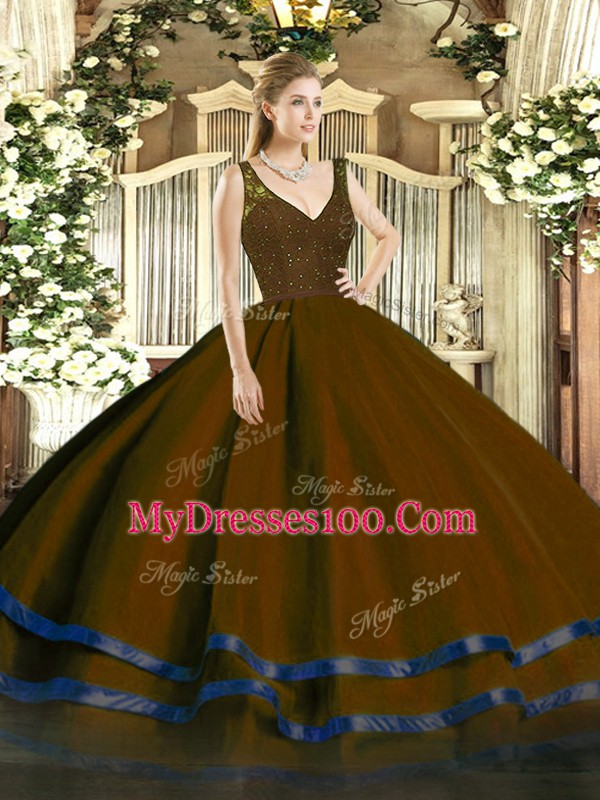 Tulle V-neck Sleeveless Zipper Beading and Ruffled Layers Quinceanera Dresses in Brown