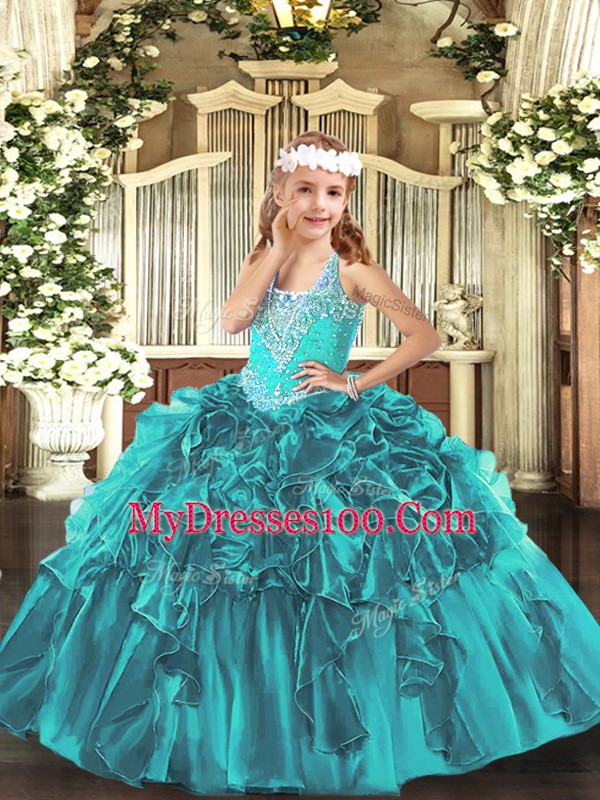Super Teal Organza Lace Up Kids Formal Wear Sleeveless Floor Length Beading and Ruffles