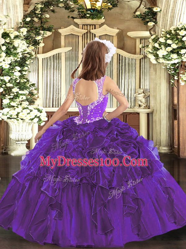 Super Teal Organza Lace Up Kids Formal Wear Sleeveless Floor Length Beading and Ruffles