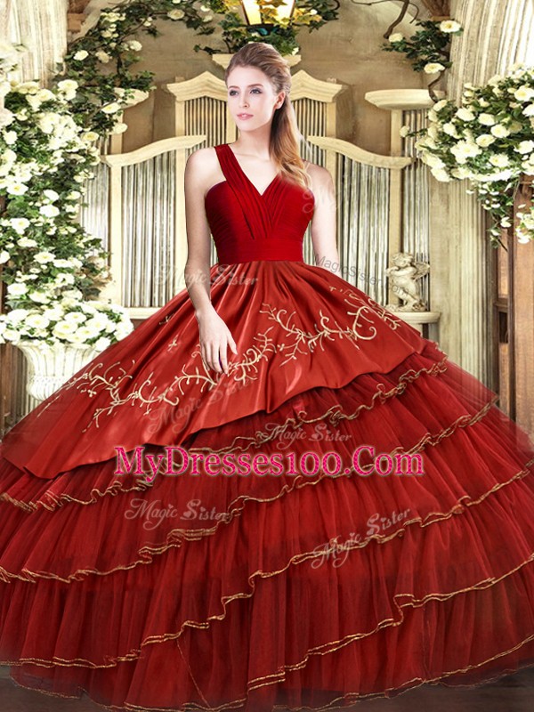 Wine Red Quinceanera Gowns Military Ball and Sweet 16 with Embroidery and Ruffled Layers V-neck Sleeveless Zipper