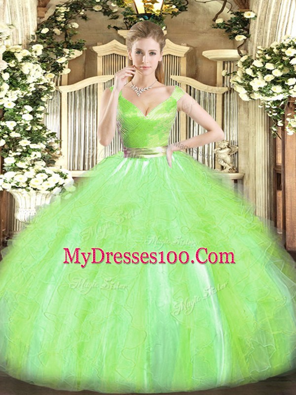 Yellow Green V-neck Neckline Beading and Ruffles Quinceanera Gown Sleeveless Zipper