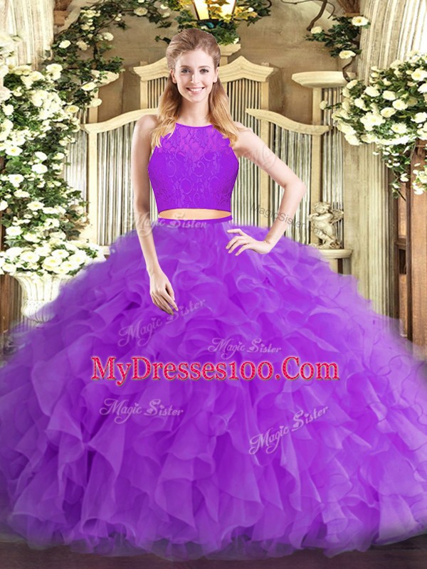 High Class Scoop Sleeveless Quince Ball Gowns Floor Length Ruffles Eggplant Purple Tulle