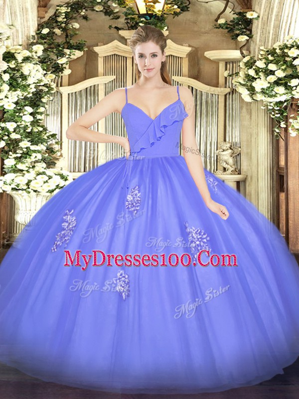 Sweet Spaghetti Straps Sleeveless Vestidos de Quinceanera Floor Length Appliques Blue Tulle