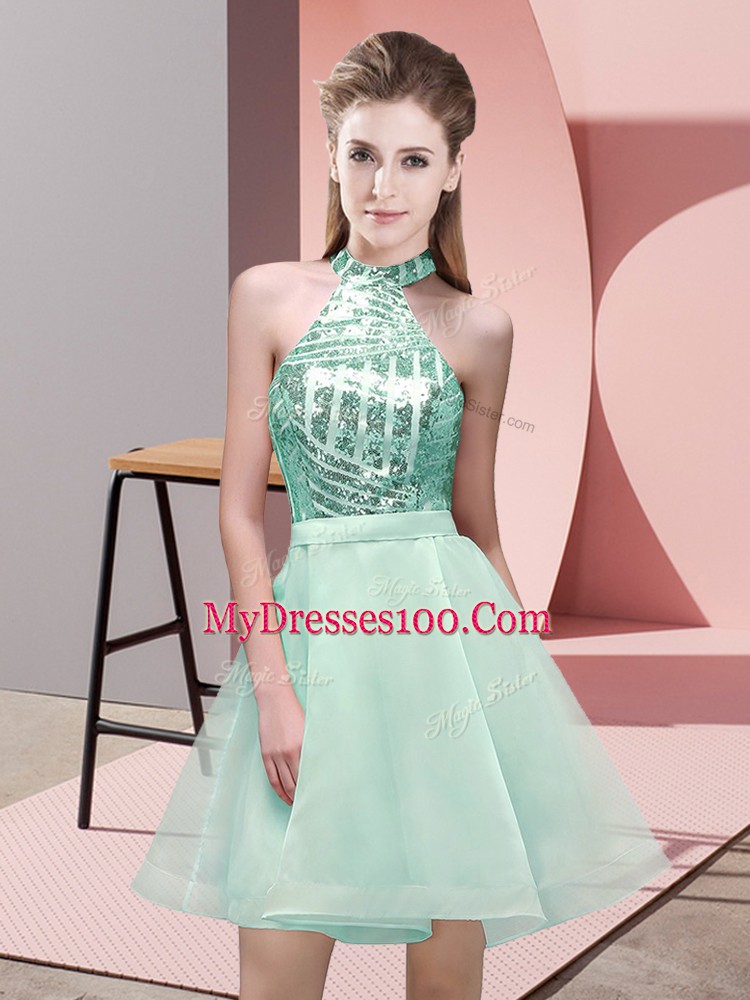 Mini Length Backless Wedding Party Dress Apple Green for Prom and Party and Wedding Party with Sequins