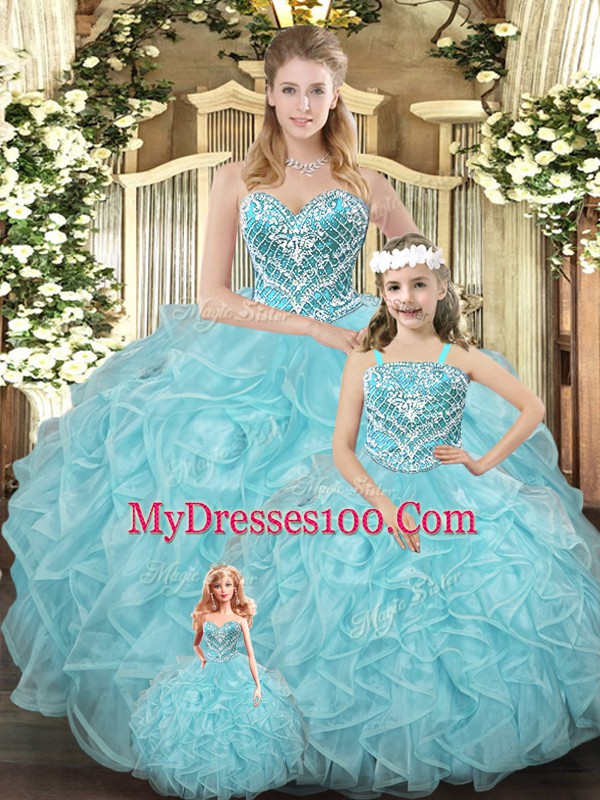 Top Selling Sweetheart Sleeveless Lace Up Quinceanera Dresses Aqua Blue Organza