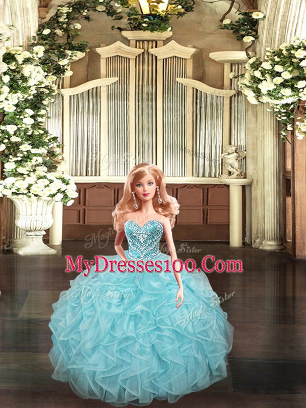 Top Selling Sweetheart Sleeveless Lace Up Quinceanera Dresses Aqua Blue Organza