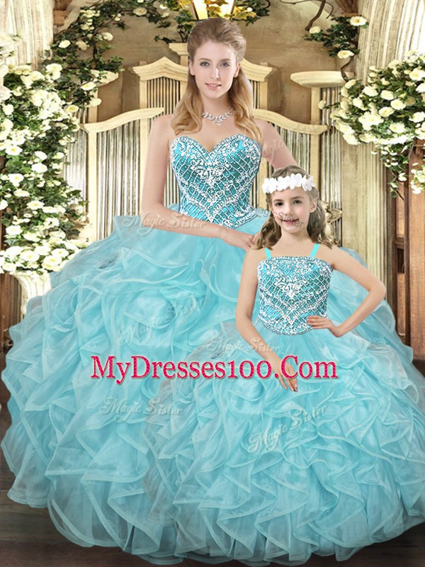 Top Selling Sweetheart Sleeveless Lace Up Quinceanera Dresses Aqua Blue Organza