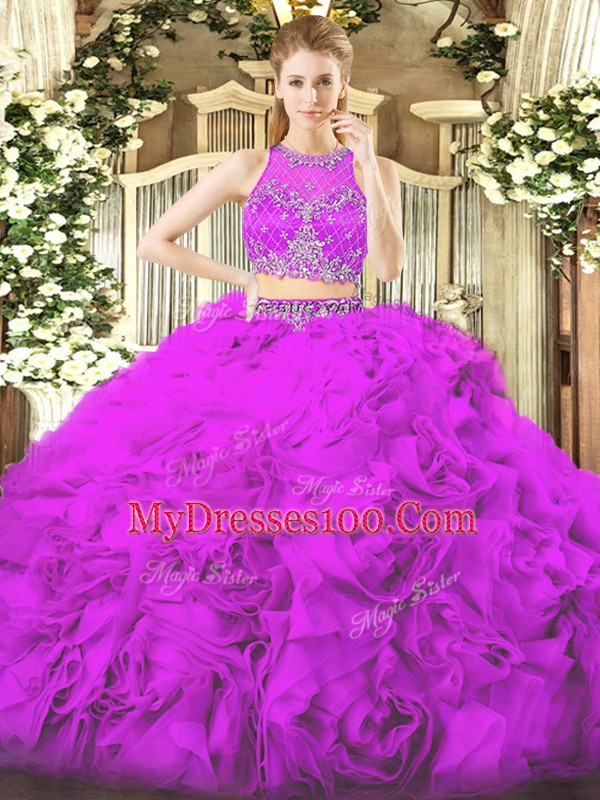Elegant Lilac Ball Gowns Fabric With Rolling Flowers Scoop Sleeveless Beading Floor Length Zipper Quinceanera Gowns
