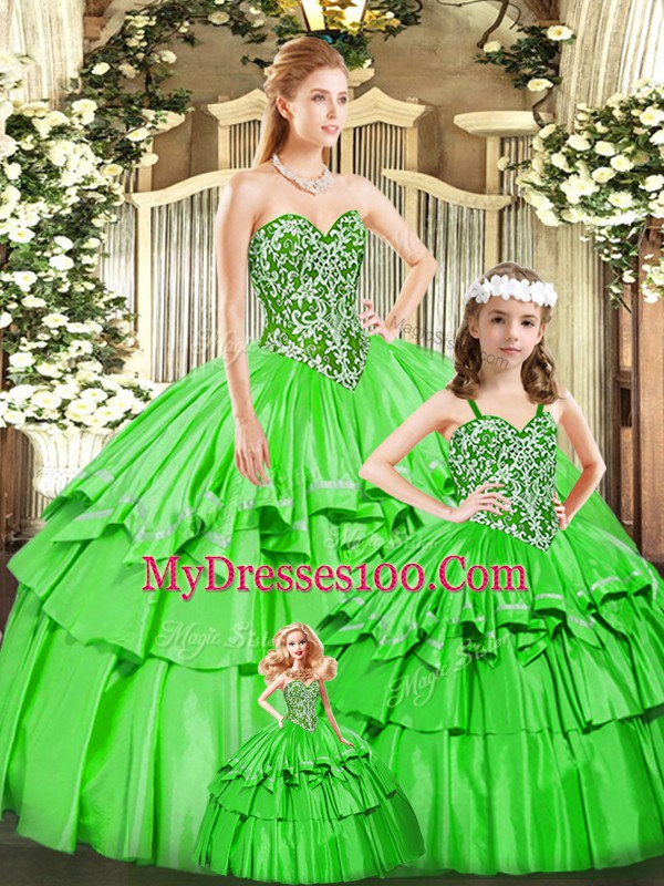 Beading and Ruffled Layers Quinceanera Gowns Green Lace Up Sleeveless Floor Length