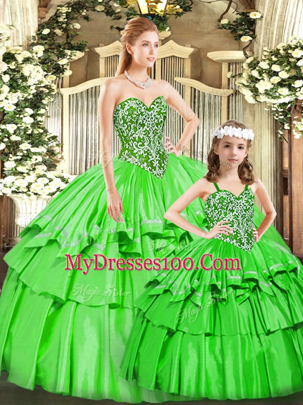 Beading and Ruffled Layers Quinceanera Gowns Green Lace Up Sleeveless Floor Length