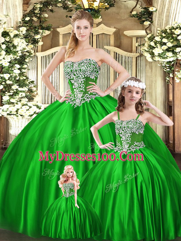 Strapless Sleeveless Lace Up Sweet 16 Dresses Green Organza