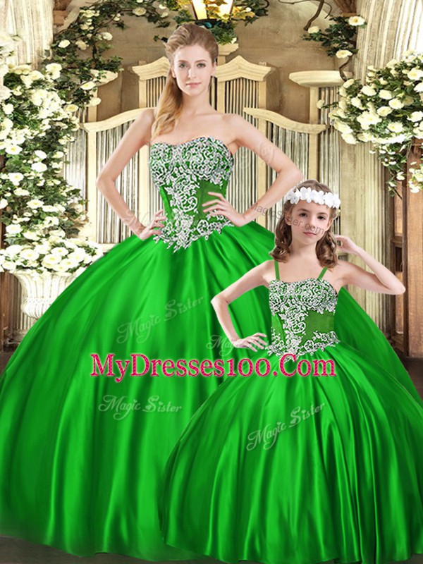 Strapless Sleeveless Lace Up Sweet 16 Dresses Green Organza