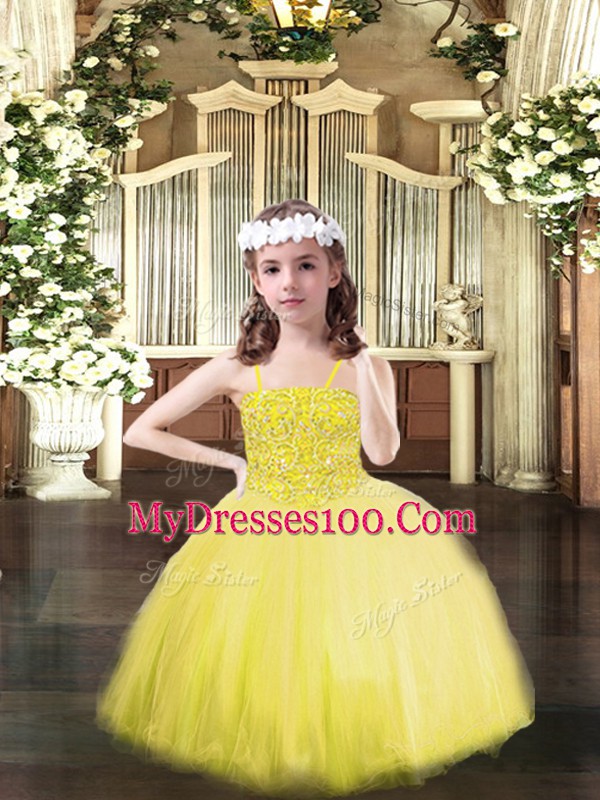 Trendy Beading Little Girls Pageant Gowns Yellow Lace Up Sleeveless Floor Length
