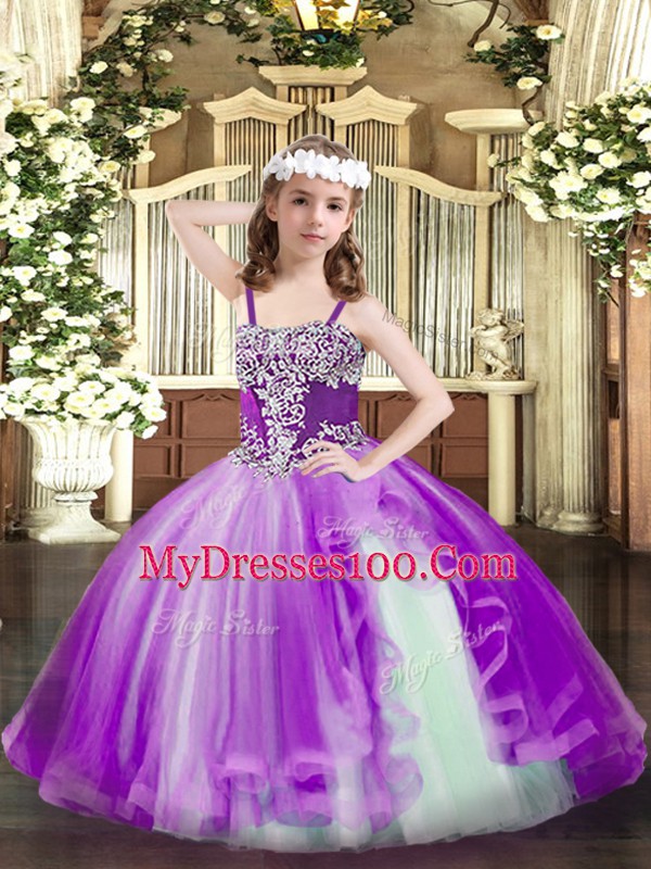 Purple Ball Gowns Straps Sleeveless Tulle Floor Length Lace Up Appliques Pageant Dress Wholesale