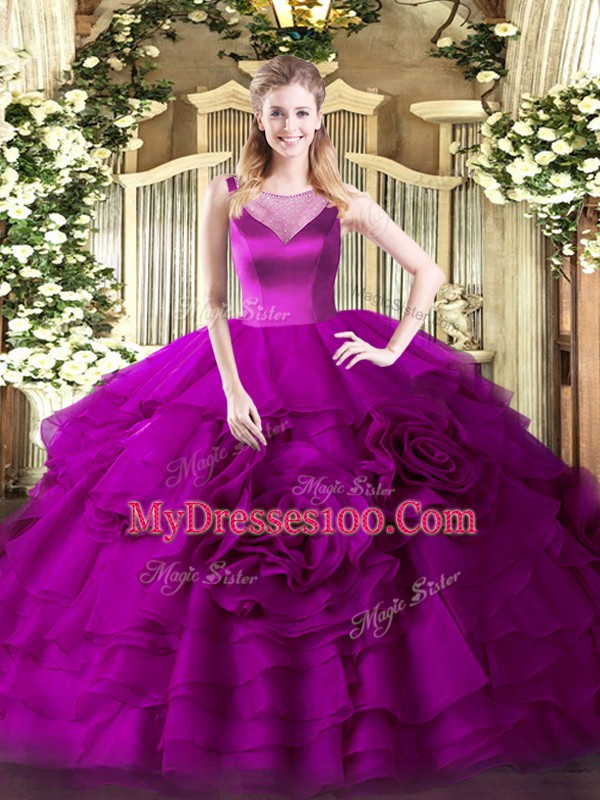 Classical Fuchsia Scoop Side Zipper Beading and Ruffled Layers 15th Birthday Dress Sleeveless
