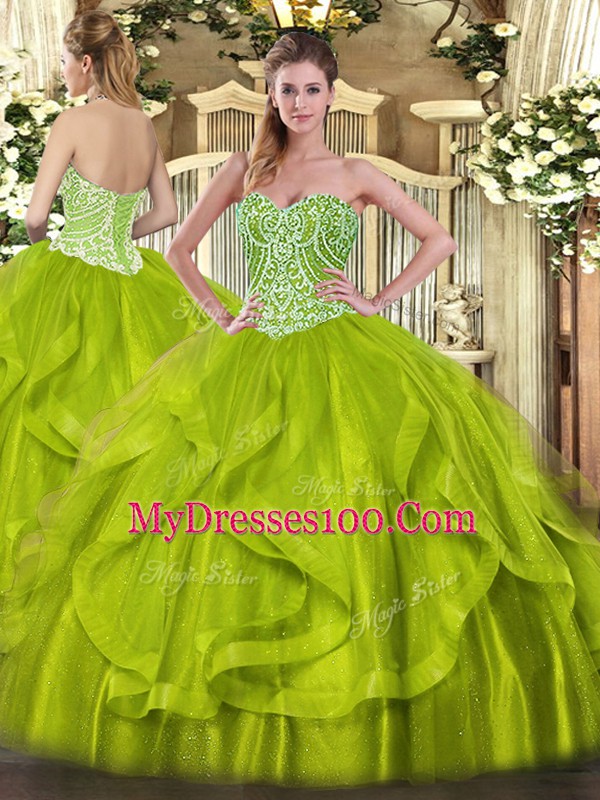 Vintage Organza Sweetheart Sleeveless Lace Up Ruffles Quince Ball Gowns in Yellow Green