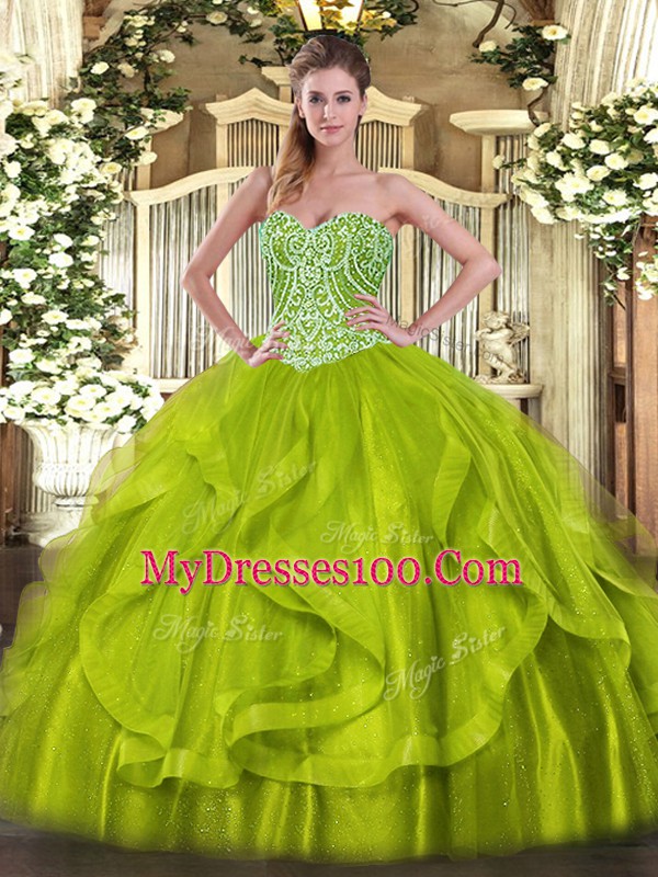Vintage Organza Sweetheart Sleeveless Lace Up Ruffles Quince Ball Gowns in Yellow Green