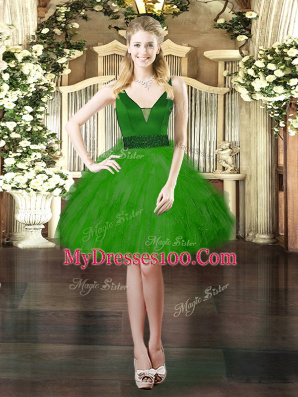 Simple Green V-neck Neckline Beading and Ruffles Dress for Prom Sleeveless Lace Up