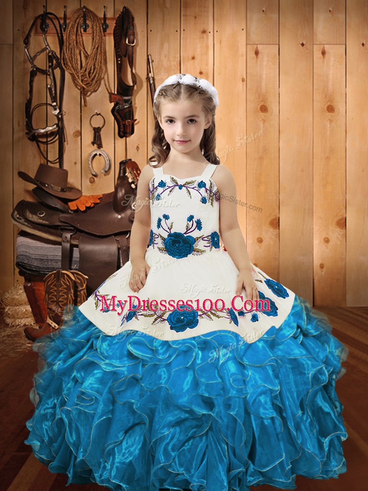 Baby Blue Lace Up Little Girl Pageant Dress Embroidery and Ruffles Sleeveless Floor Length