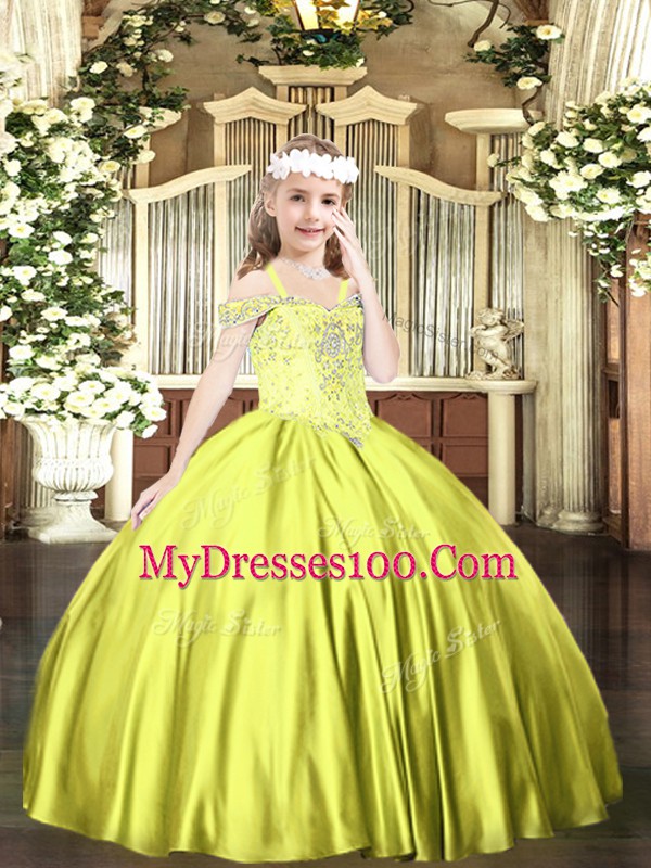 Fancy Yellow Green Ball Gowns Satin Off The Shoulder Sleeveless Beading Floor Length Lace Up Kids Pageant Dress