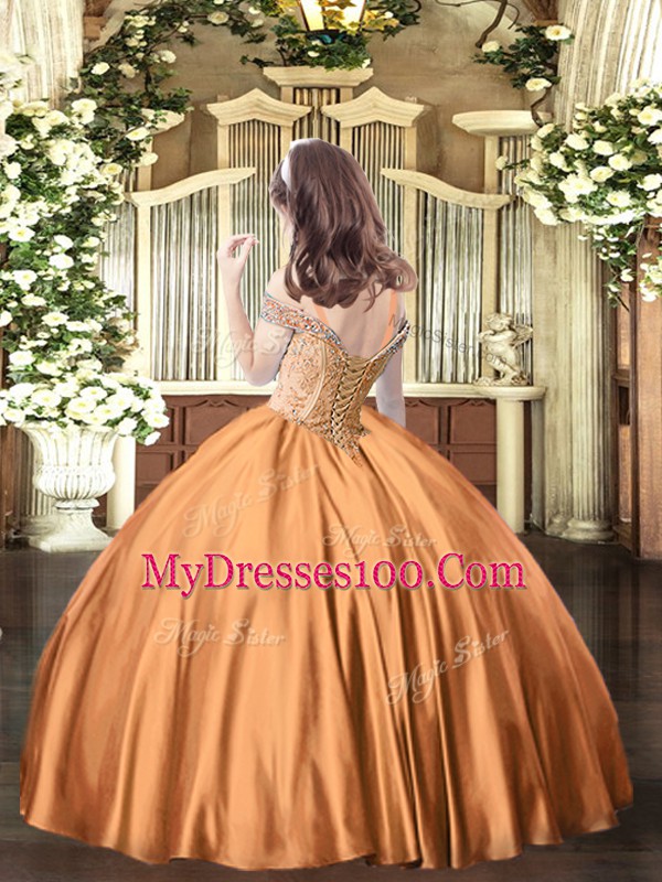 Fancy Yellow Green Ball Gowns Satin Off The Shoulder Sleeveless Beading Floor Length Lace Up Kids Pageant Dress