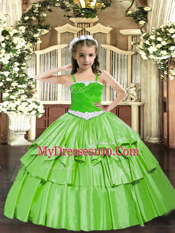 Sleeveless Lace Up Floor Length Appliques and Ruffled Layers Little Girl Pageant Gowns