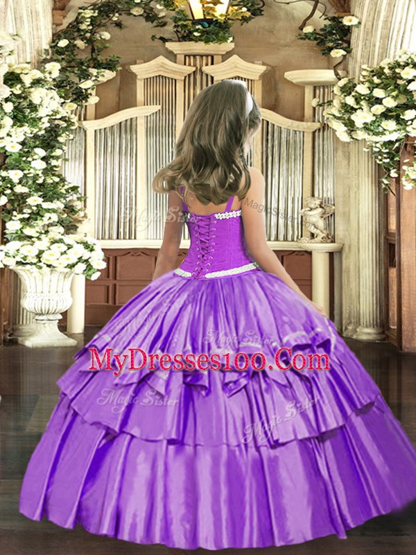 Sleeveless Lace Up Floor Length Appliques and Ruffled Layers Little Girl Pageant Gowns