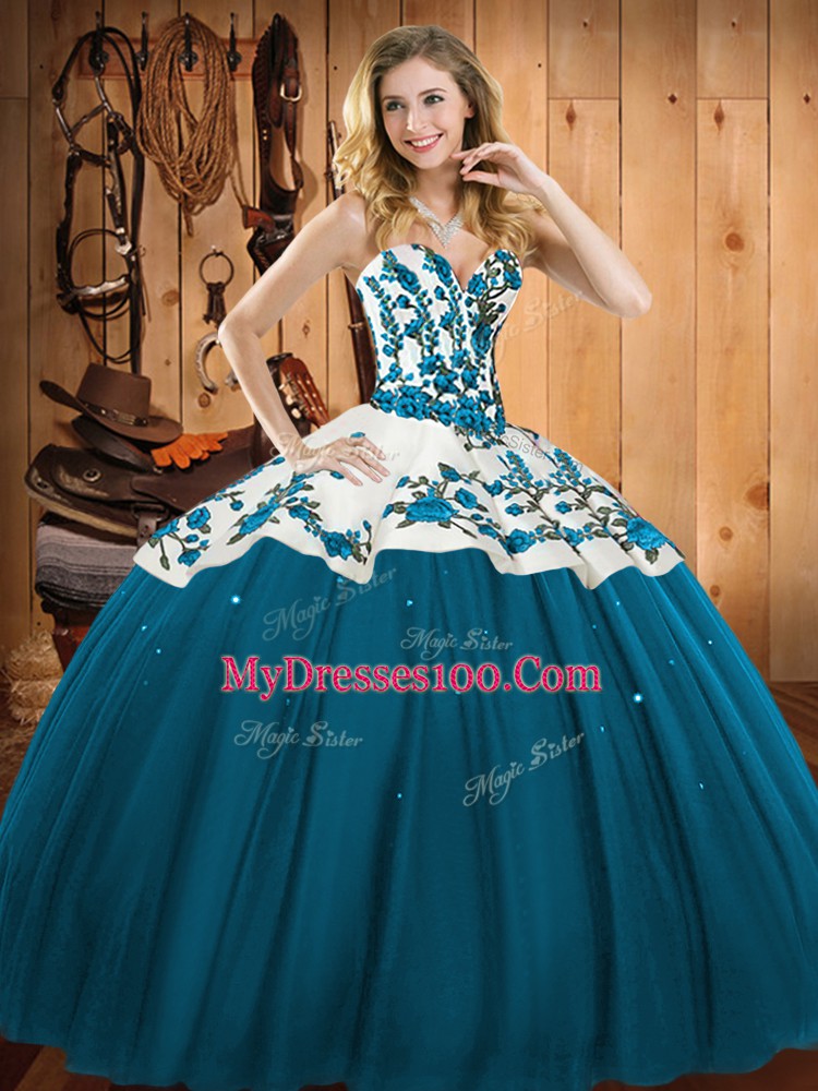 Satin and Tulle Sweetheart Sleeveless Lace Up Embroidery Vestidos de Quinceanera in Teal