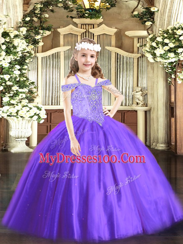 Sleeveless Tulle Floor Length Lace Up Kids Formal Wear in Lavender with Beading