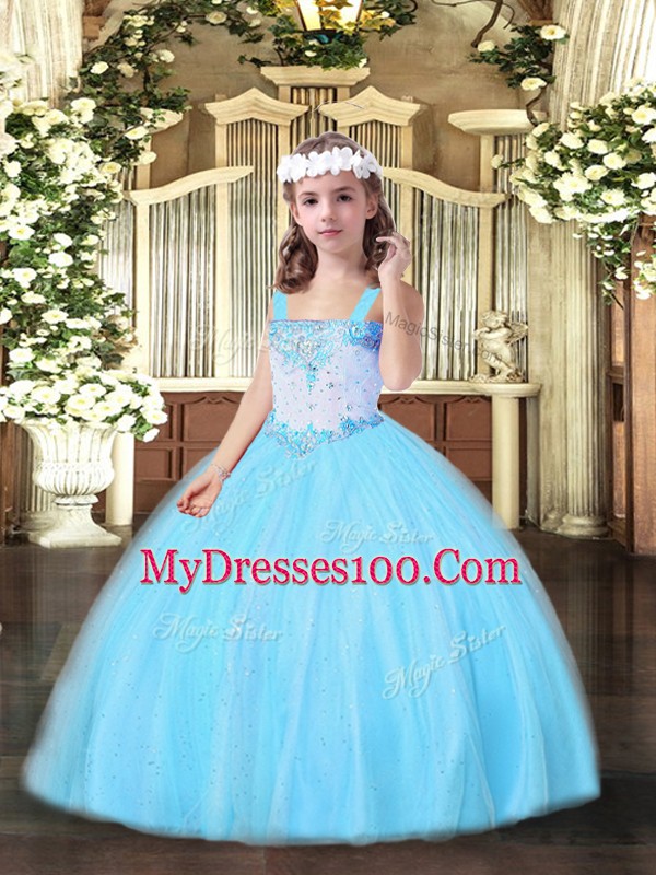 Modern Straps Sleeveless Kids Formal Wear Floor Length Beading Aqua Blue Tulle