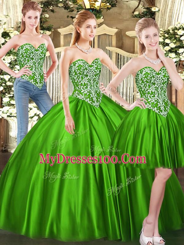 Fantastic Green Ball Gowns Sweetheart Sleeveless Tulle Floor Length Lace Up Beading Quinceanera Dress