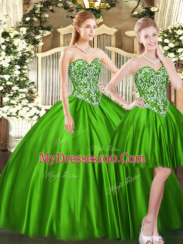 Fantastic Green Ball Gowns Sweetheart Sleeveless Tulle Floor Length Lace Up Beading Quinceanera Dress