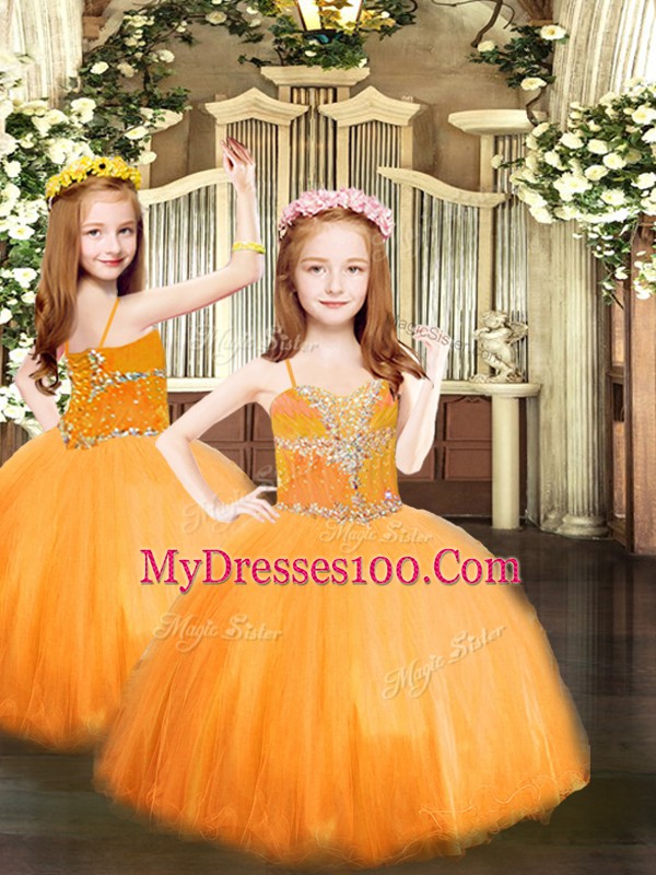 Floor Length Orange Red 15th Birthday Dress Tulle Sleeveless Beading