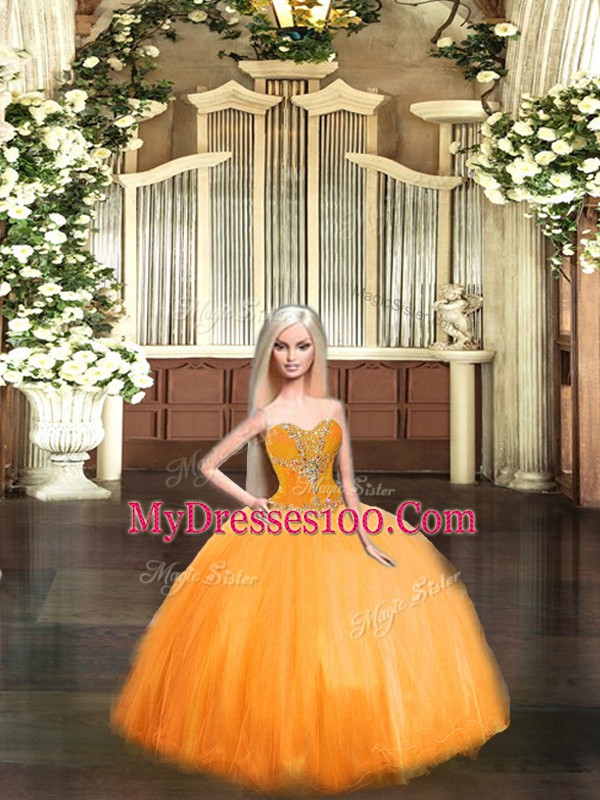 Floor Length Orange Red 15th Birthday Dress Tulle Sleeveless Beading