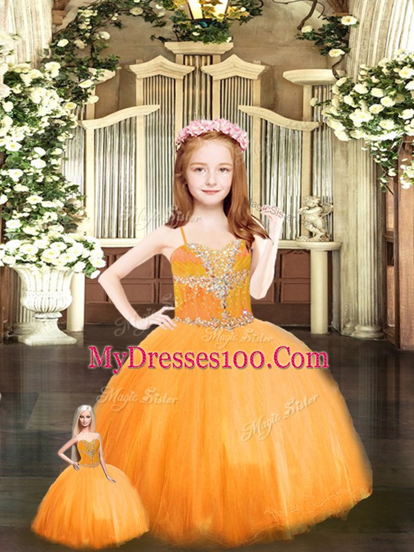 Floor Length Orange Red 15th Birthday Dress Tulle Sleeveless Beading