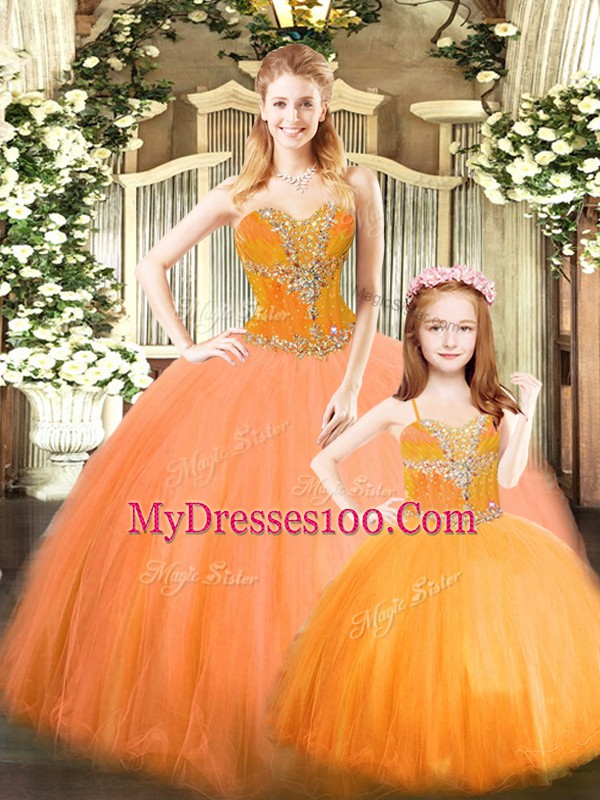 Floor Length Orange Red 15th Birthday Dress Tulle Sleeveless Beading