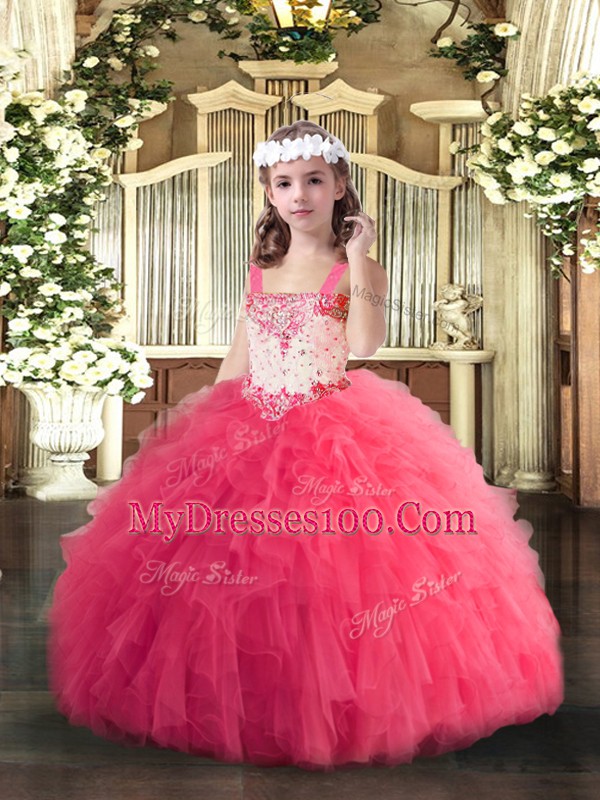 Pretty Hot Pink Ball Gowns Straps Sleeveless Tulle Floor Length Lace Up Beading and Ruffles Little Girl Pageant Gowns