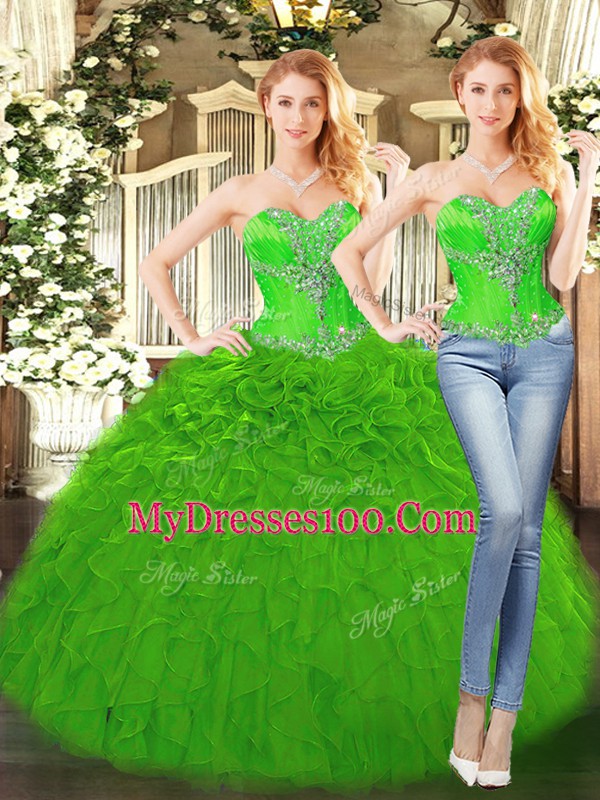 Perfect Green Ball Gowns Beading and Ruffles Ball Gown Prom Dress Lace Up Organza Sleeveless Floor Length