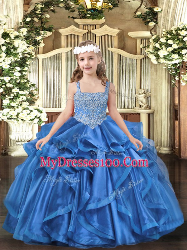Trendy Beading and Ruffles Pageant Dress Womens Baby Blue Lace Up Sleeveless Floor Length