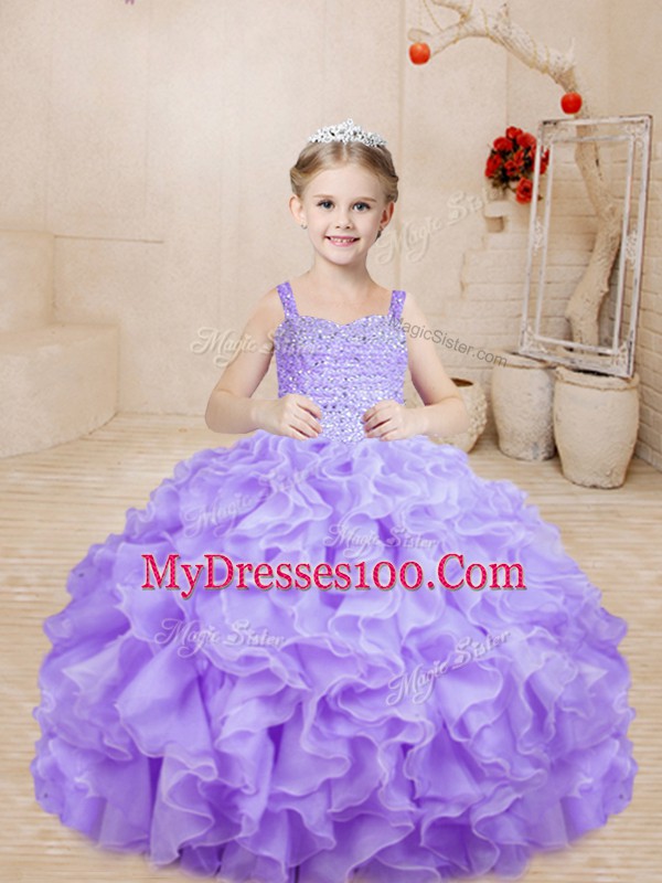 Top Selling Organza Straps Sleeveless Lace Up Beading and Ruffles High School Pageant Dress in Lavender
