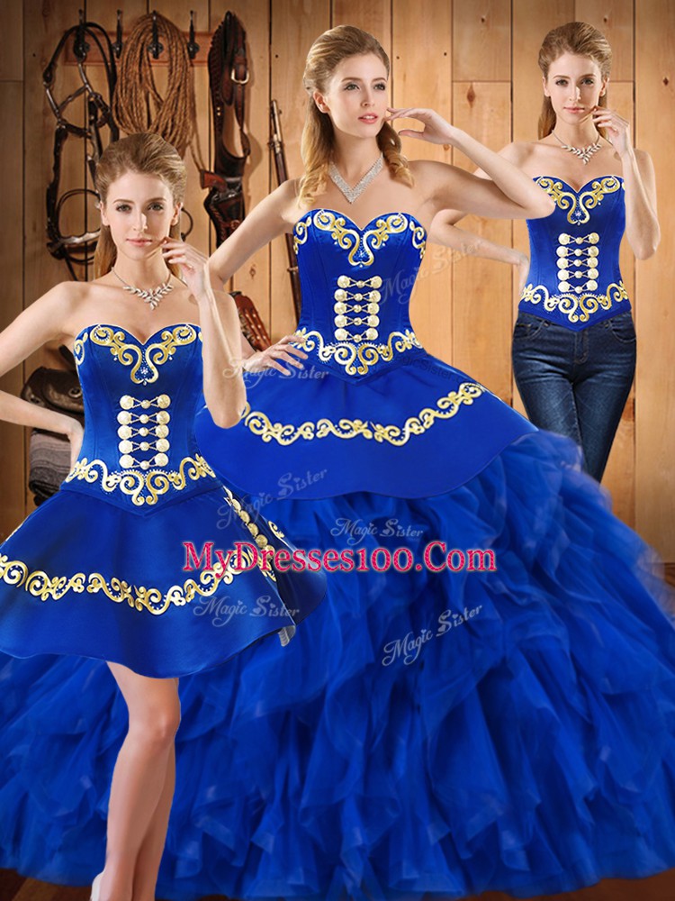 Admirable Floor Length Lace Up Ball Gown Prom Dress Blue for Military Ball and Sweet 16 and Quinceanera with Embroidery and Ruffles