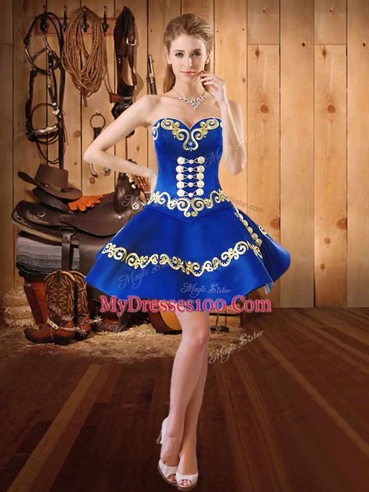 Admirable Floor Length Lace Up Ball Gown Prom Dress Blue for Military Ball and Sweet 16 and Quinceanera with Embroidery and Ruffles