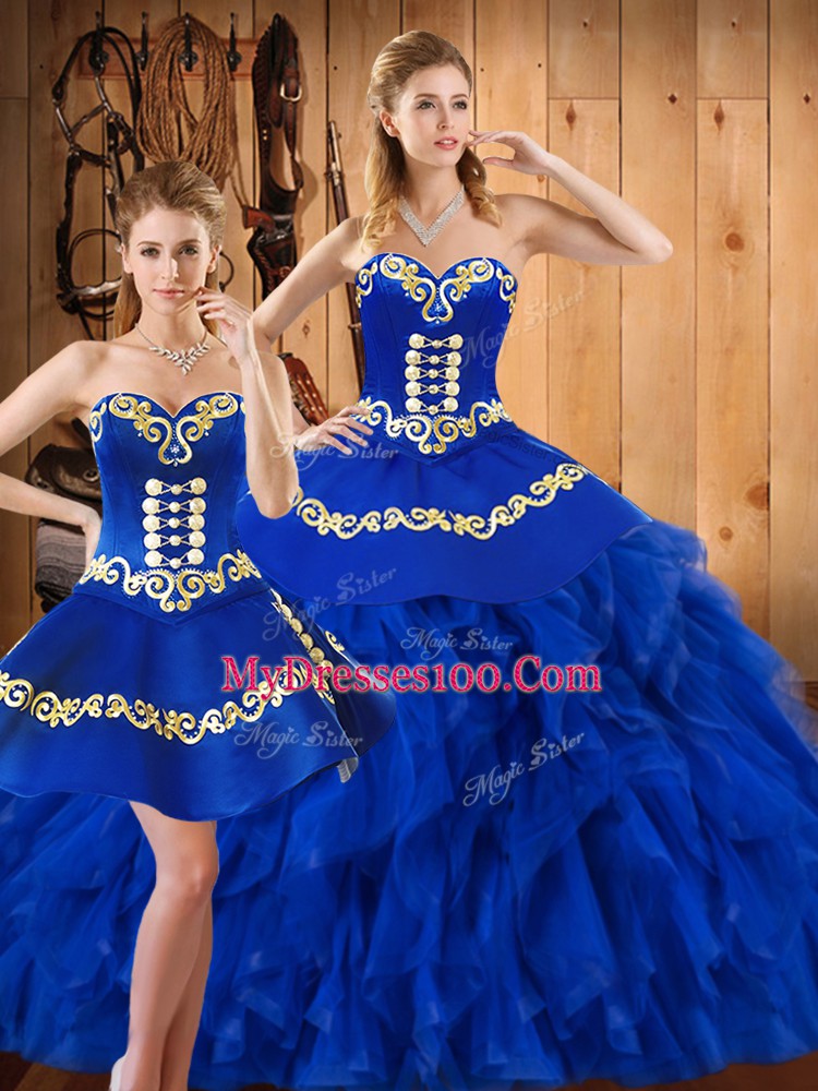 Admirable Floor Length Lace Up Ball Gown Prom Dress Blue for Military Ball and Sweet 16 and Quinceanera with Embroidery and Ruffles