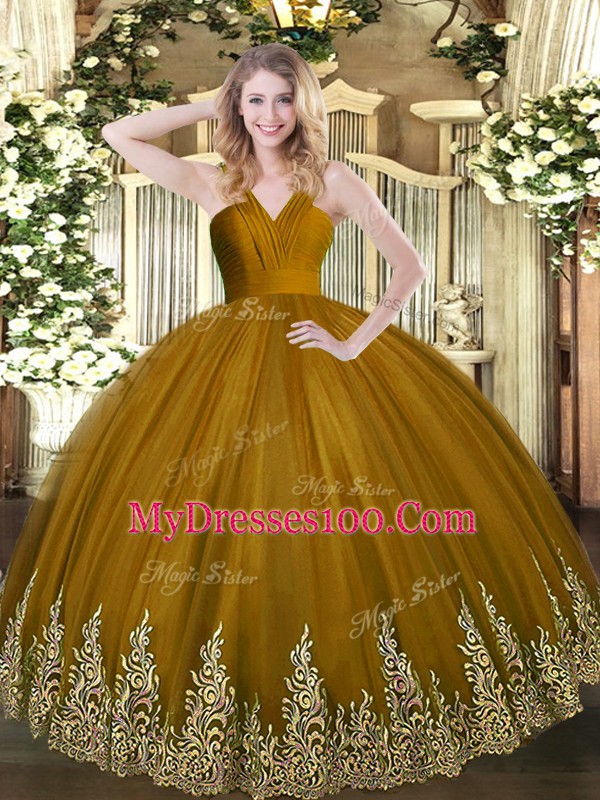 Brown Zipper Quinceanera Dress Appliques Sleeveless Floor Length