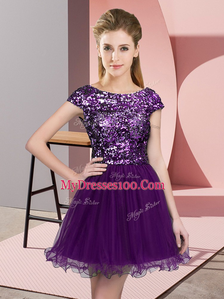 Glorious Mini Length Dark Purple Dama Dress for Quinceanera Tulle Cap Sleeves Sequins