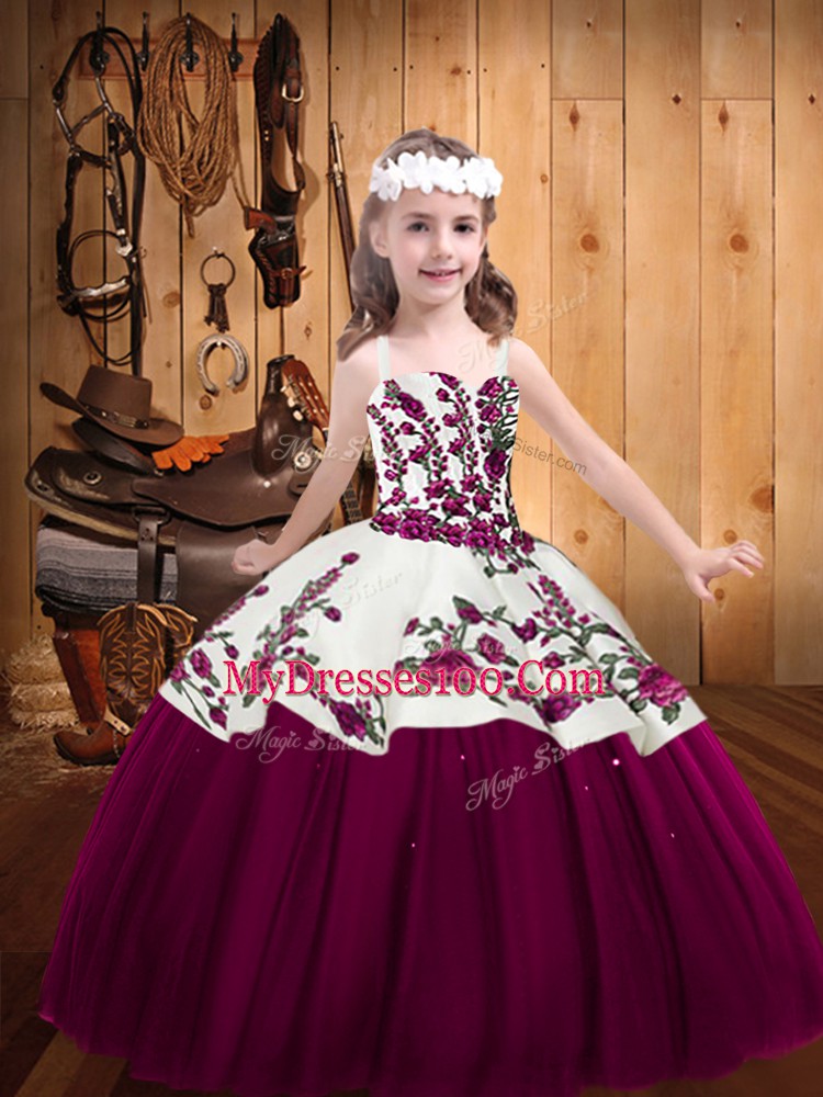 Sweet Floor Length Fuchsia Little Girl Pageant Gowns Tulle Sleeveless Embroidery